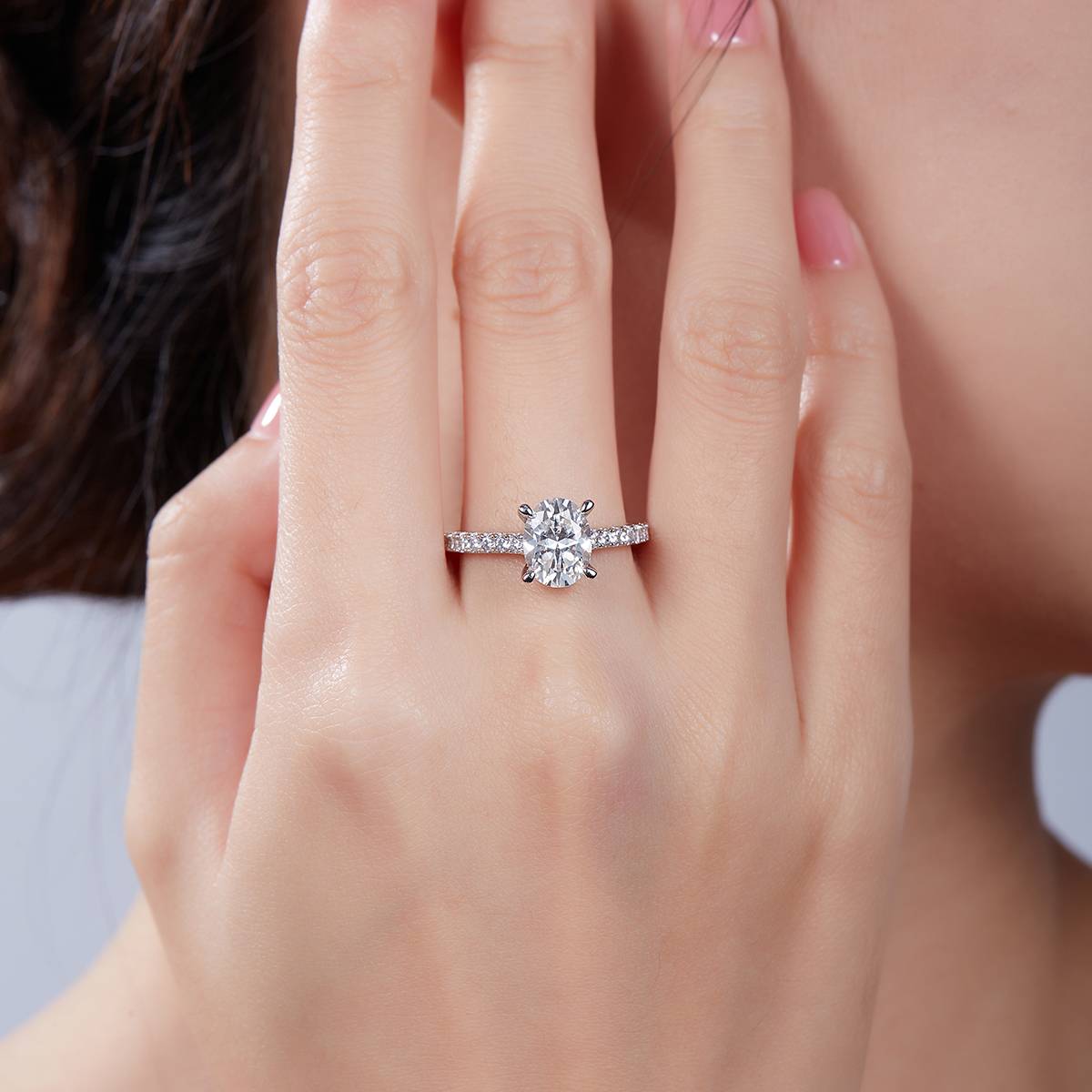 Micro set egg shaped S925 silver plated white gold moissanite diamond women's ring 2.0 carats D-grade